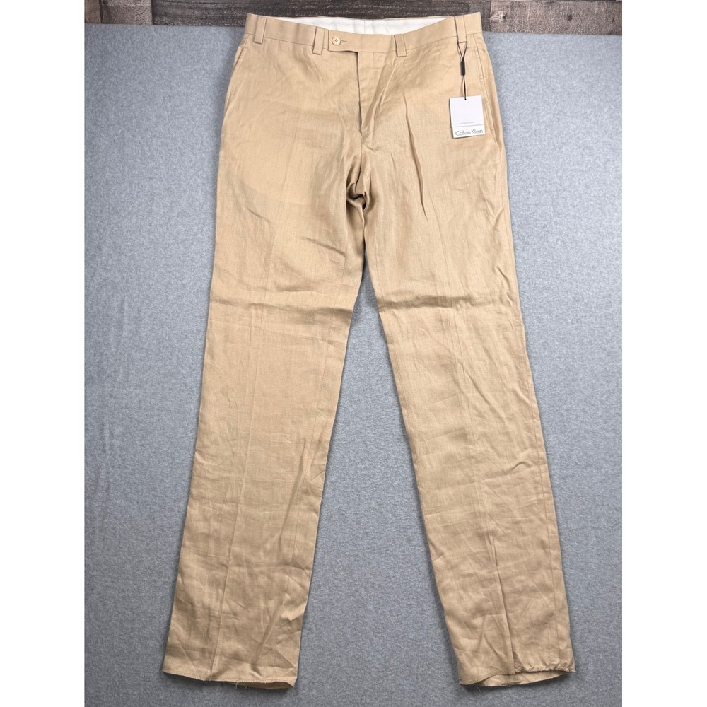Calvin Klein Pants Mens 36 Beige 100% Linen Flat Front Suit Separate Dress NEW